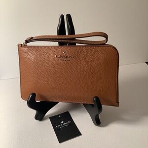 🎁 KATE SPADE Pebble Leather Ginger Brown Med L-Zip Wristlet IPhone Wallet NWT